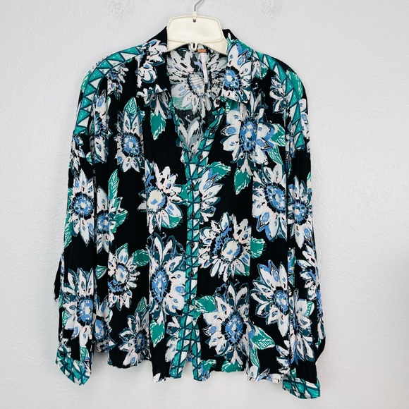 Free People Good Vibrations Button Down Blue Floral Blouse - XS - Picture 2 of 9